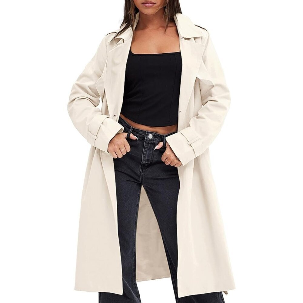 🆕Womens Beige Double Breasted Causal Windproof Long Lapel Pocketed Trench Coats